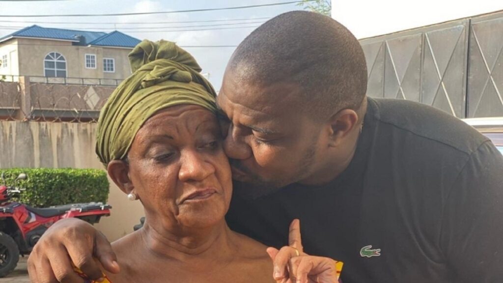 Actor John Dumelo’s mother has kicked the bucket.